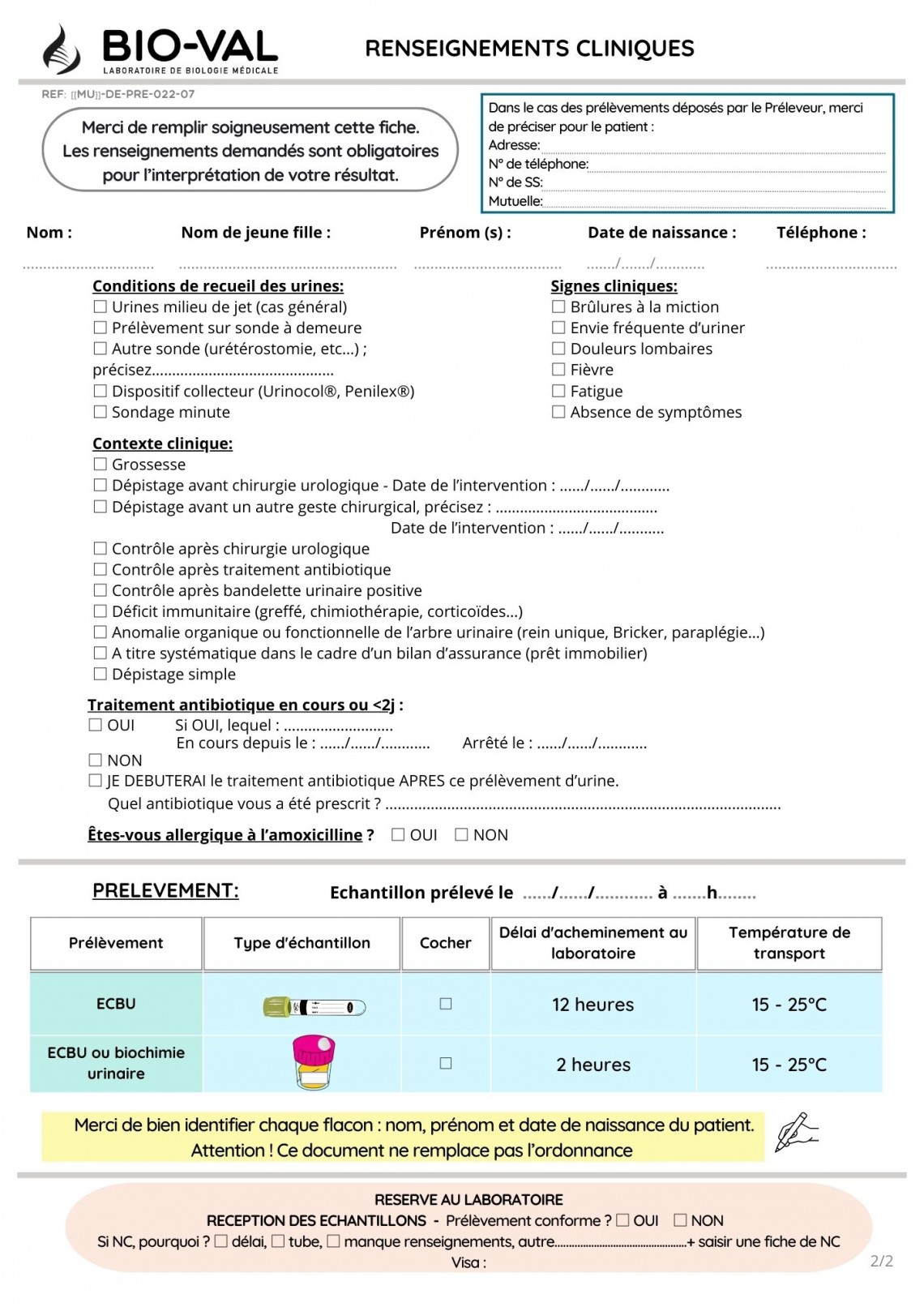 Fiche de Renseignements ECBU Bio-Val